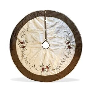 Bella Lux Christmas Tree Skirt Beige Gold Red Bird Holly Garland Button Closure